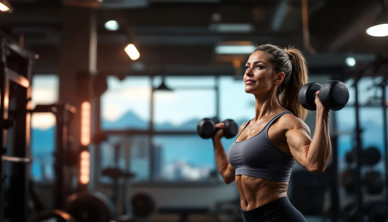 A woman lifting weights in a gym setting, emphasizing strength training during menopause.