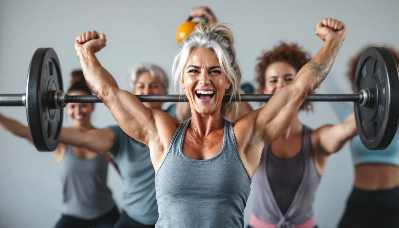 A group of women of different ages participating in a weight lifting class.