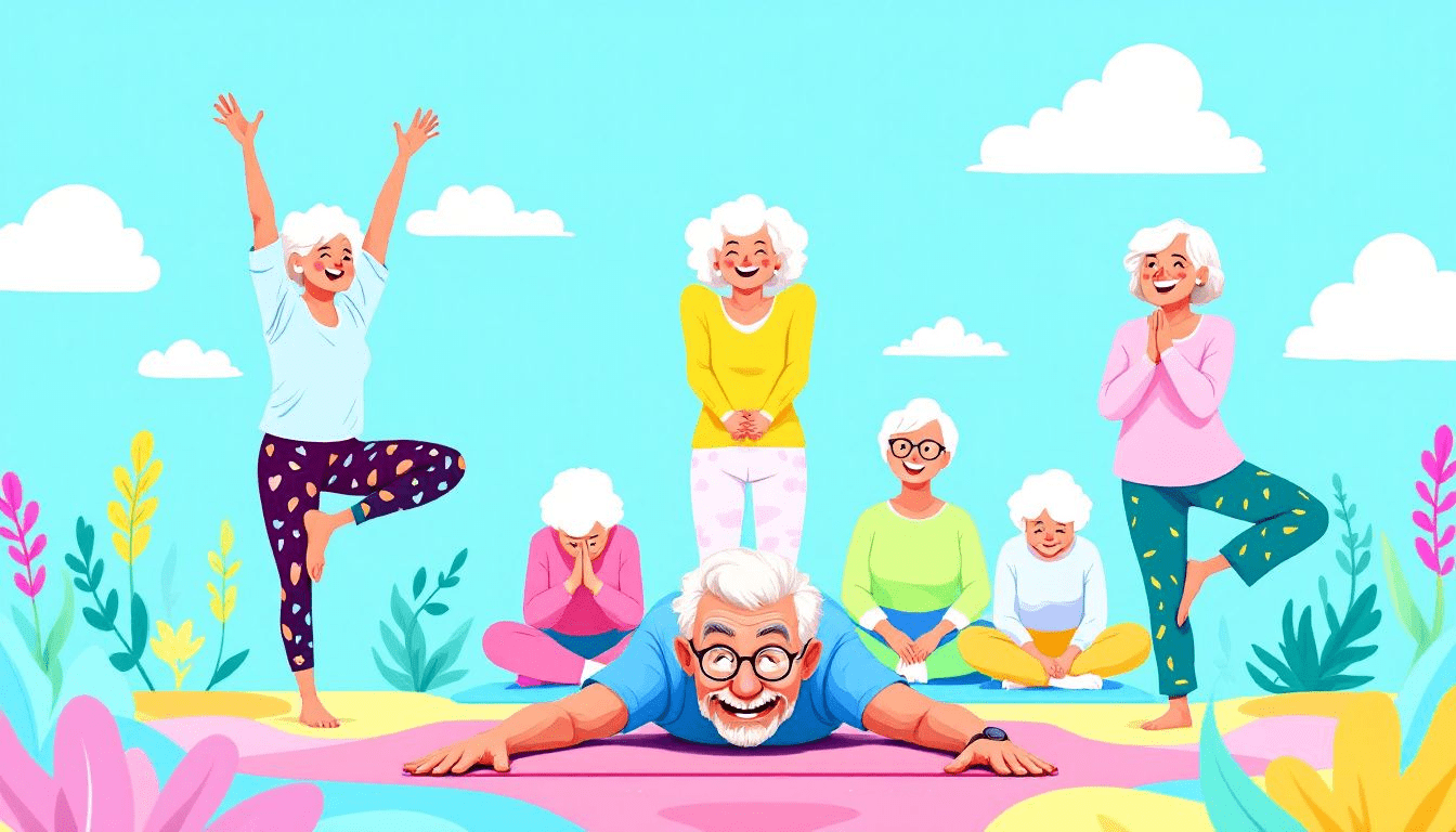 Seniors participating in a yoga class.