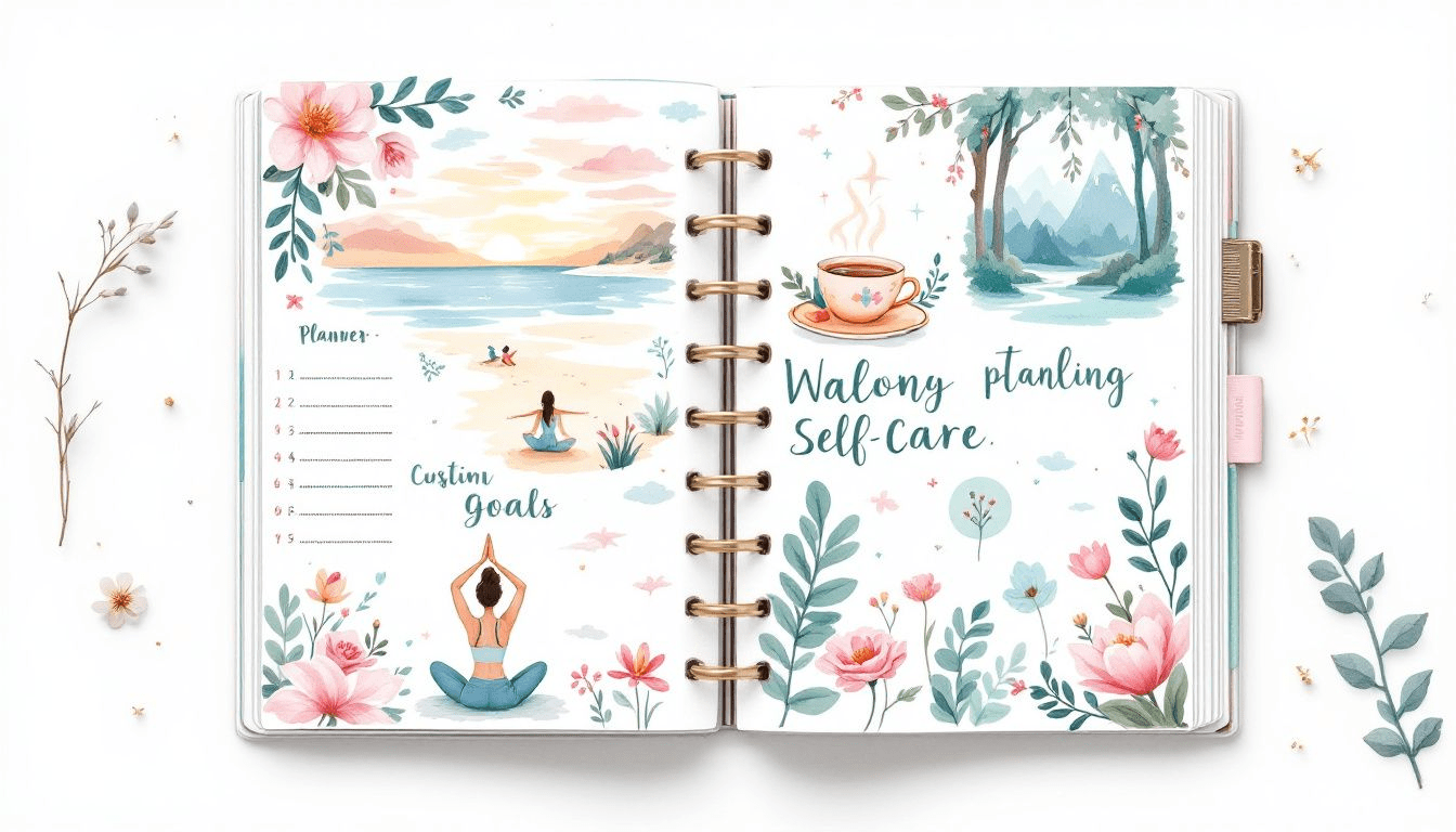 A planner filled with self care activities and goals.