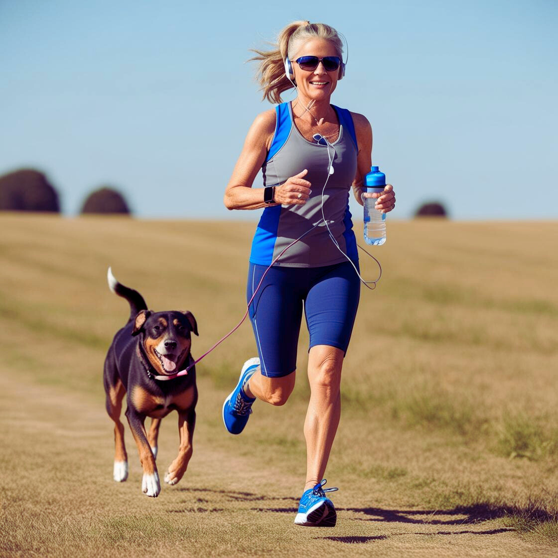 A women runs in a park with her dog on a leash