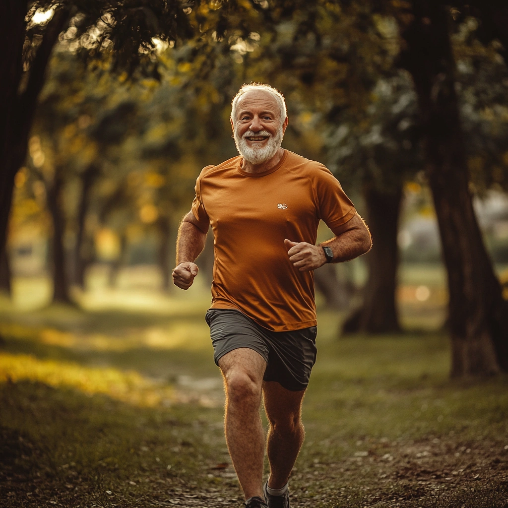 Man running in the park and looking happy doing so