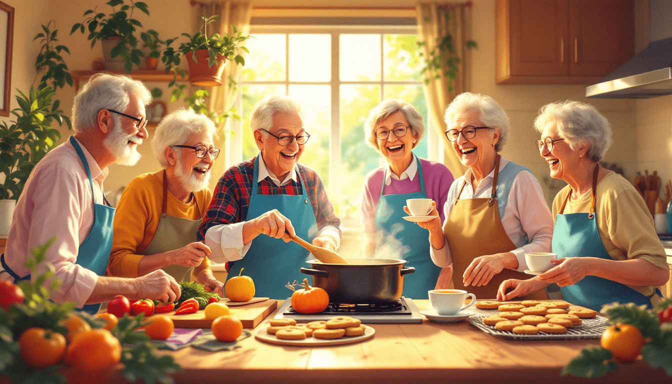 Seniors enjoying a group cooking session.