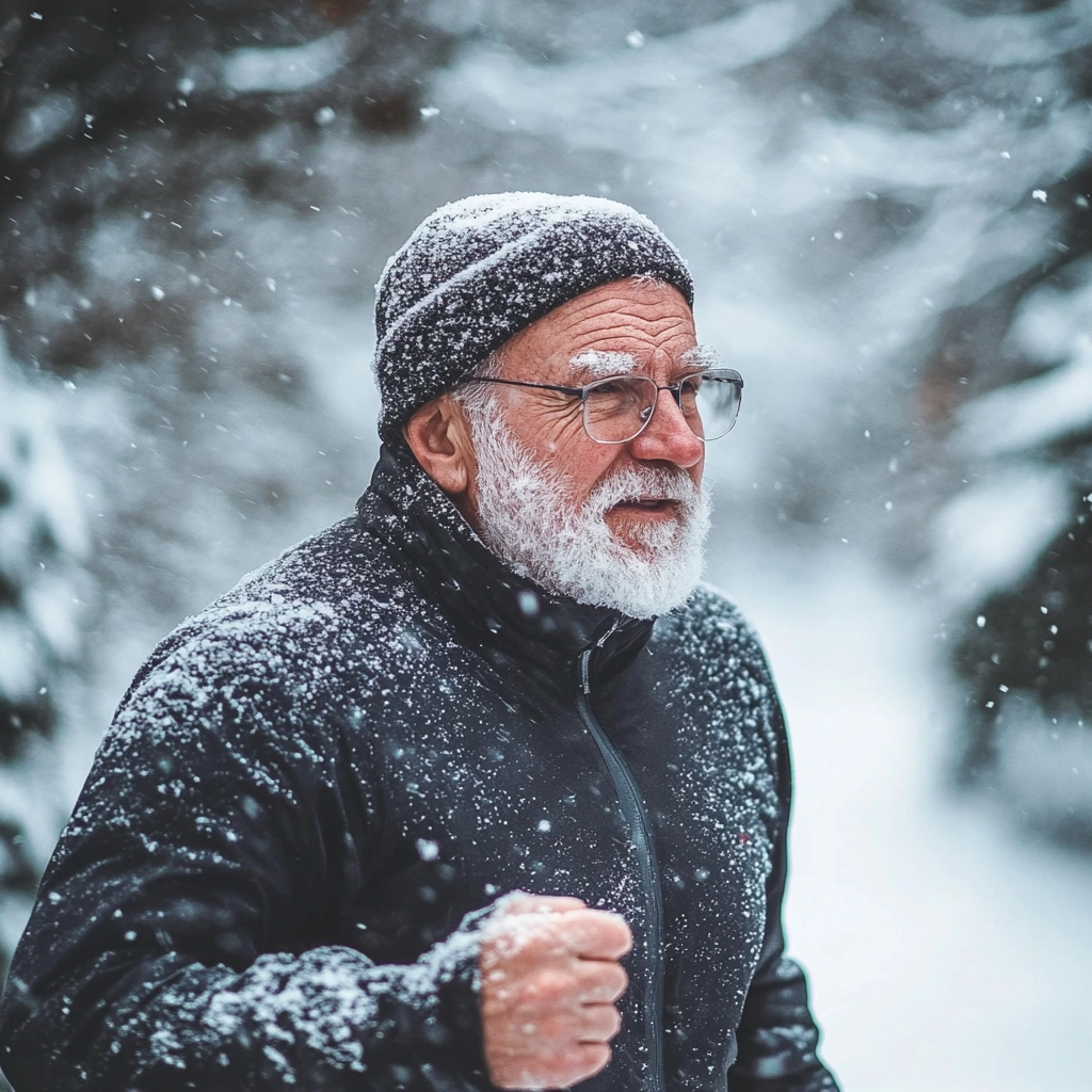 Over 50's guy in the park running whilst snowing