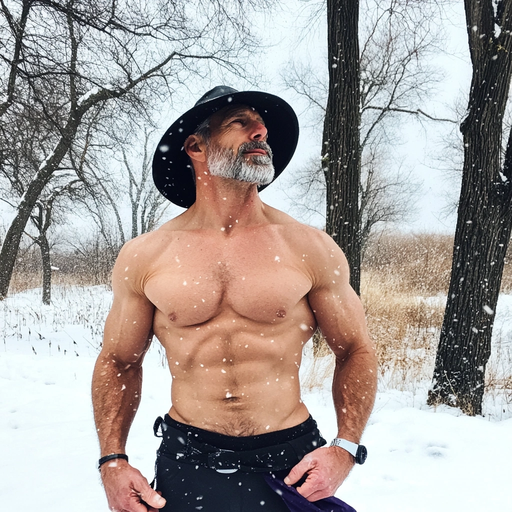 over 50's man with top off in the snow