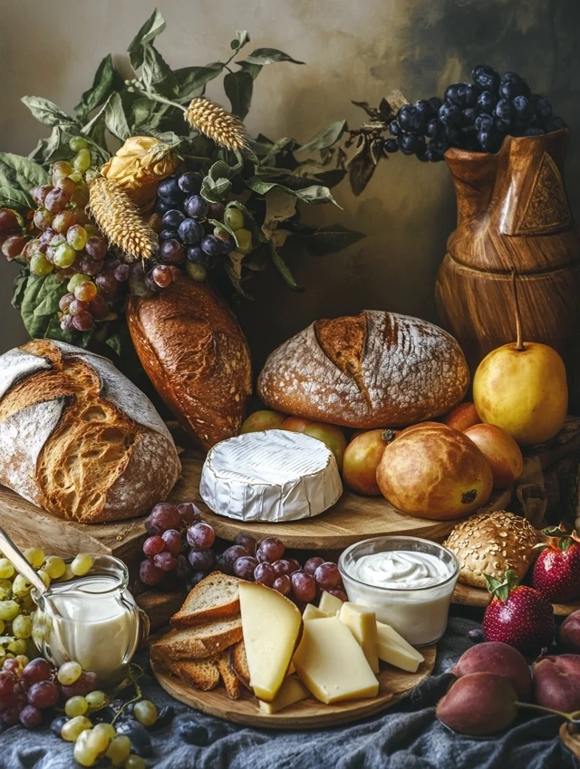 Table of fresh bread, fruit, cheese and yoghurt