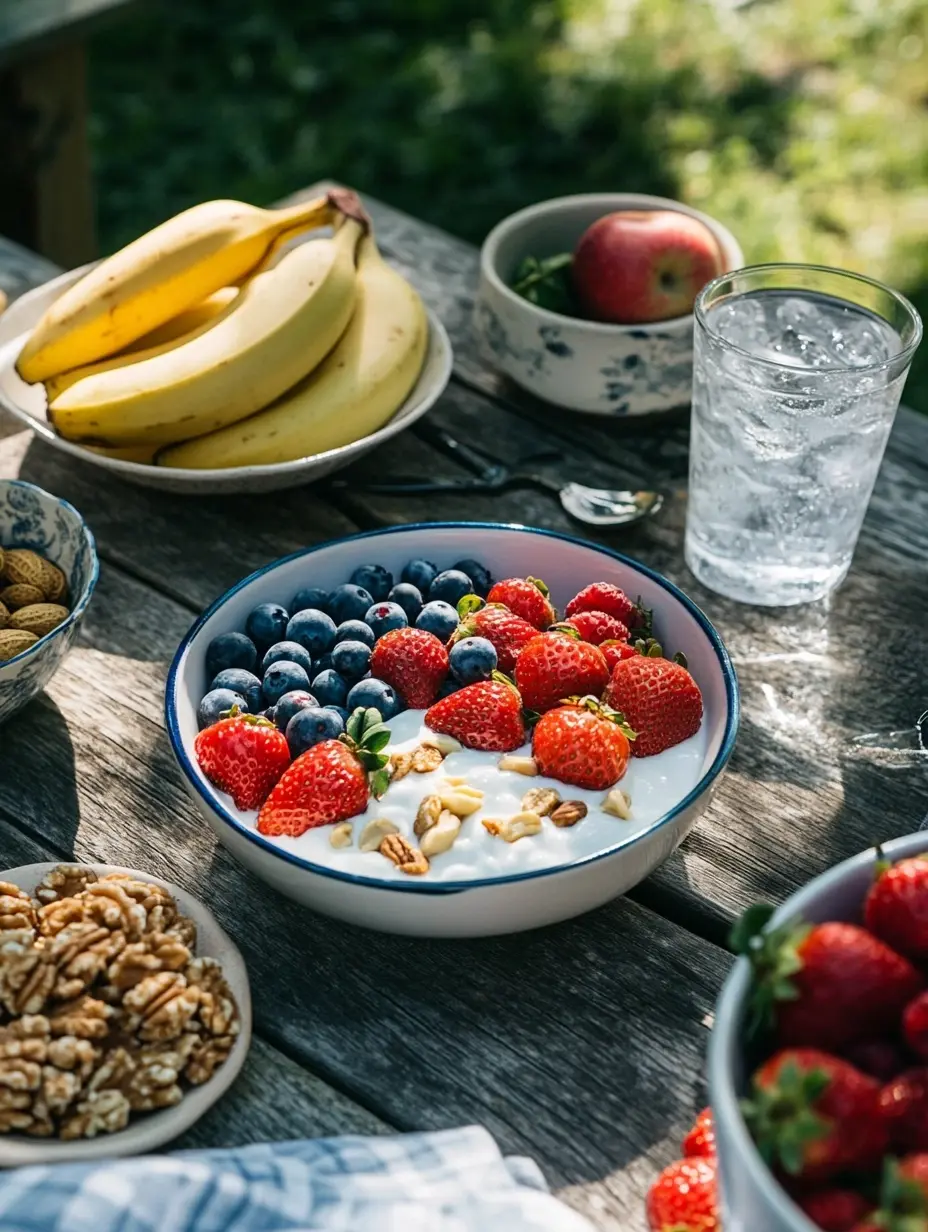 Vegetarian diet - the importance of fruit: bananas, strawberries, blueberries, apples and drinking water